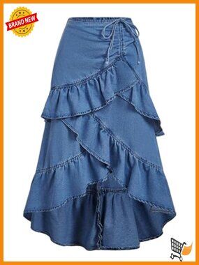Asymmetrical Tiered Denim Maxi Skirt Ruffle Long Jean Skirt